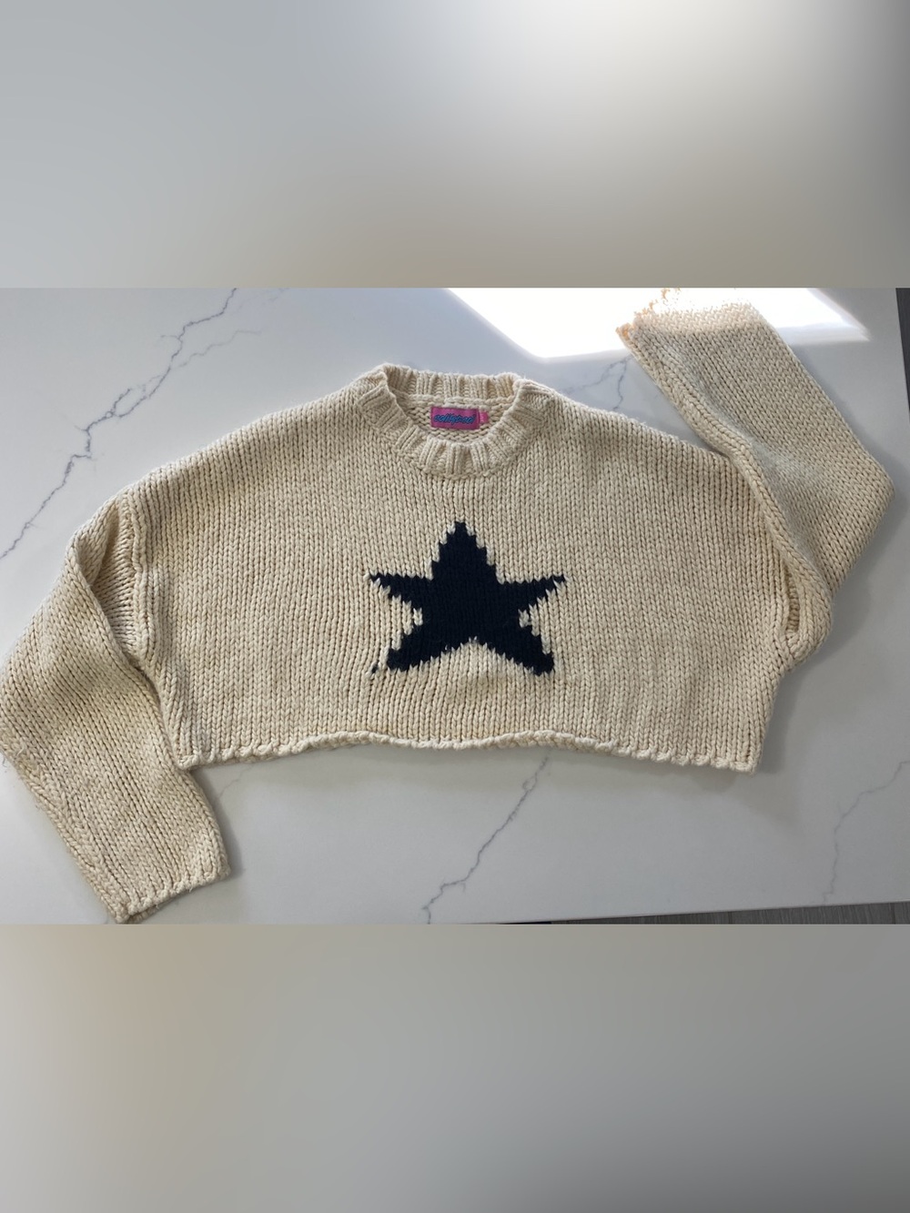 Edikted Star Sweater XS/S Cream Black Chunky Knit Cropped Pullover